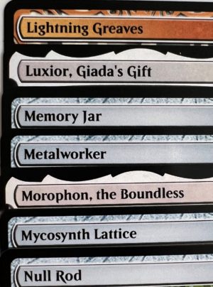 Lightning Greaves Luxior, Giada's Gift Memory Jar Metalworker Morophon, the Boundless Mycosynth Lattice Null Rod